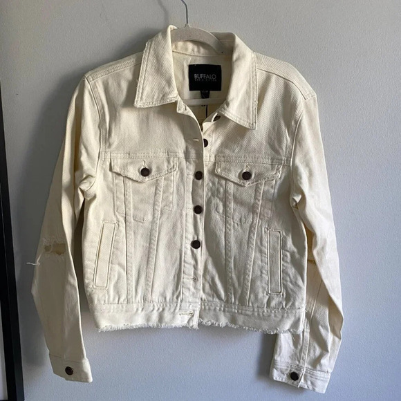 NWT BUFFALO David  Bitton Cream Cotton Nicci Distressed Ripped Denim Jacket XS - Picture 3 of 14